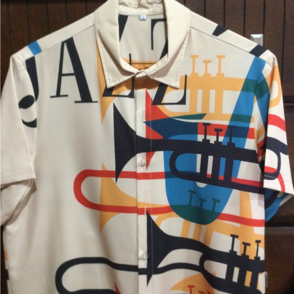 Cream Casual Button Down Shirt with Abstract Musical Design